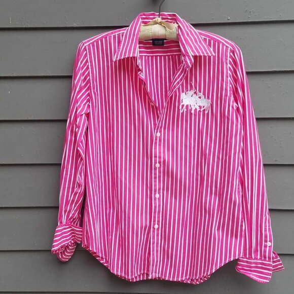 Vintage Ralph Lauren Sport Red White Stripe Polo Pony Button Down size14 - Picture 1 of 11